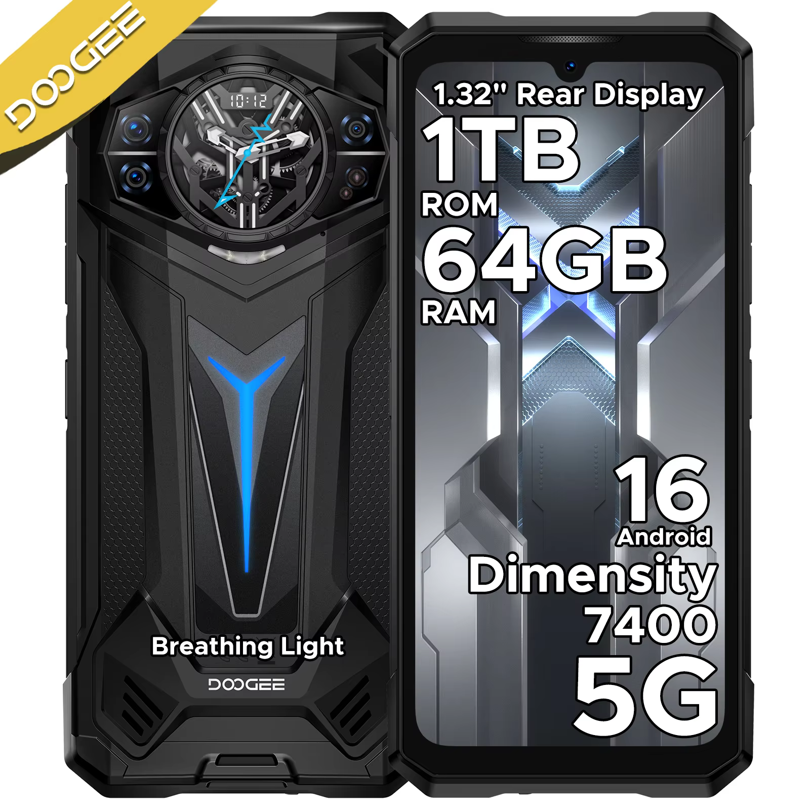 DOOGEE S200 Ultra 5G Rugged Phone 1.32" AMOLED Rear Display 6.72'' Screen 12GB+1TB 11000mAh Battery Android 15 SmartPhone NFC