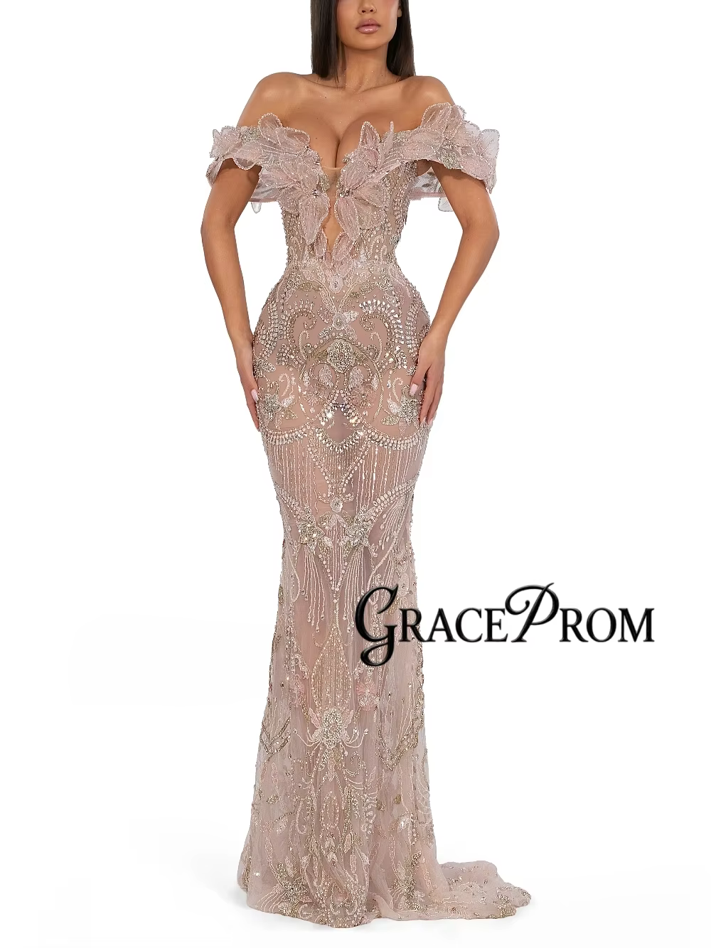 Opulent Off Shoulder Mermaid Prom Dress Blush Pink 3D Floral Appliques Beaded Sheer Mesh Long Train Evening Gowns Customized
