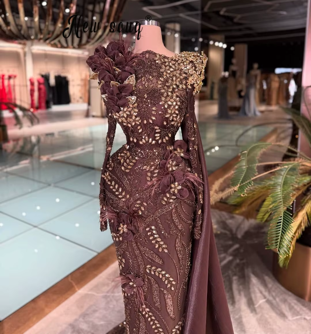 Customized Brown African Prom Dresses Single Long Cape Sleeve Middle East Muslim Women Gowns Mermaid vestidos de fiesta elegant