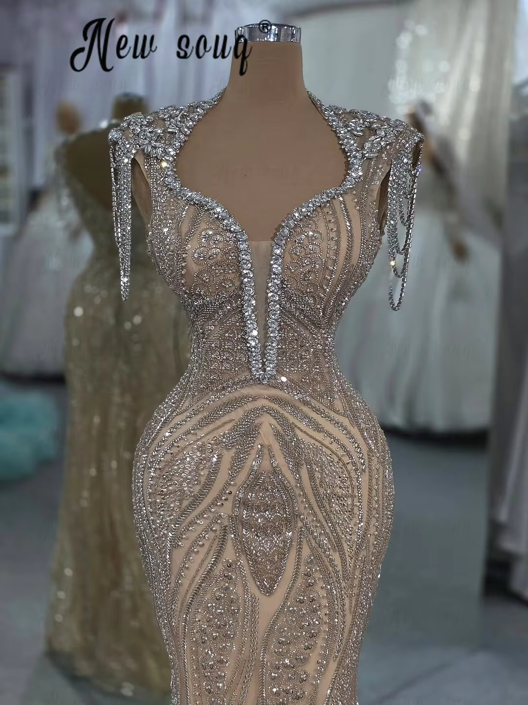 Sparkly Champagne Tassel Cocktail Dress Long Square Neck Prom Party Gown Customized Saudi Arabia Second Reception Dresses 2025