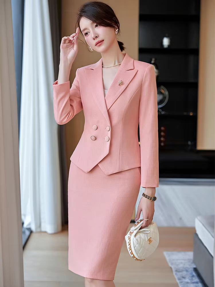 Elegante terno de saia formal para mulheres, laranja azul e rosa, conjunto de blazer feminino trespassado duplo, trabalho de negócios para senhoras, nova chegada