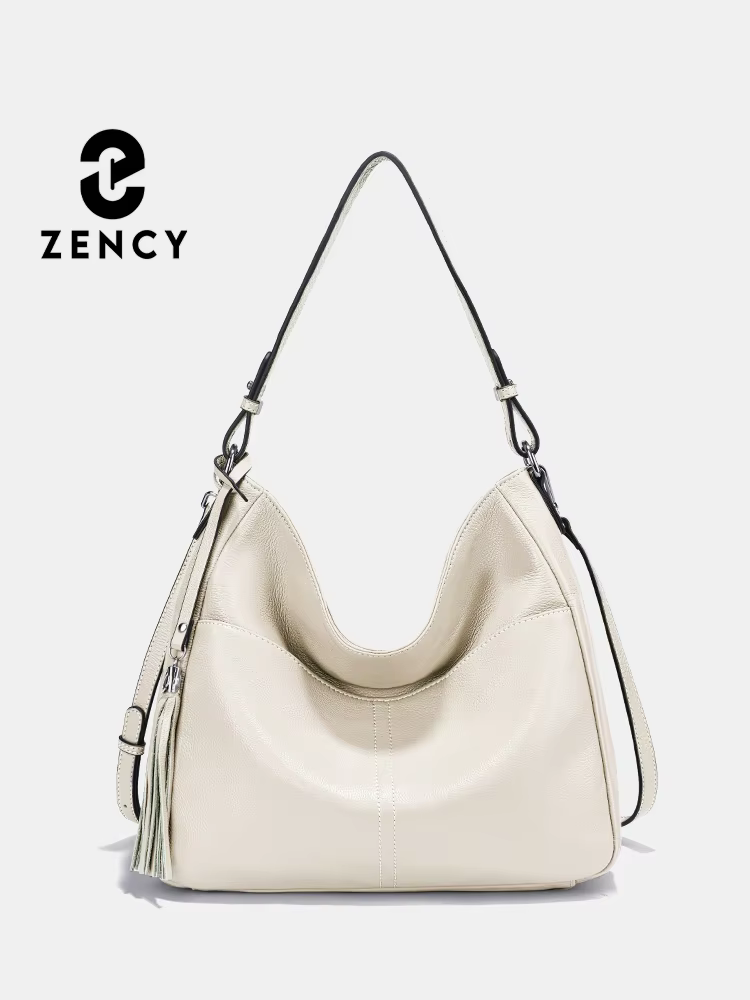 Zency Elegant Beige Tassel Hobo Bag Soft Leather Women's Shoulder Bag 2025 New Handbag Long Strap Crossbody 8 Color Shopper