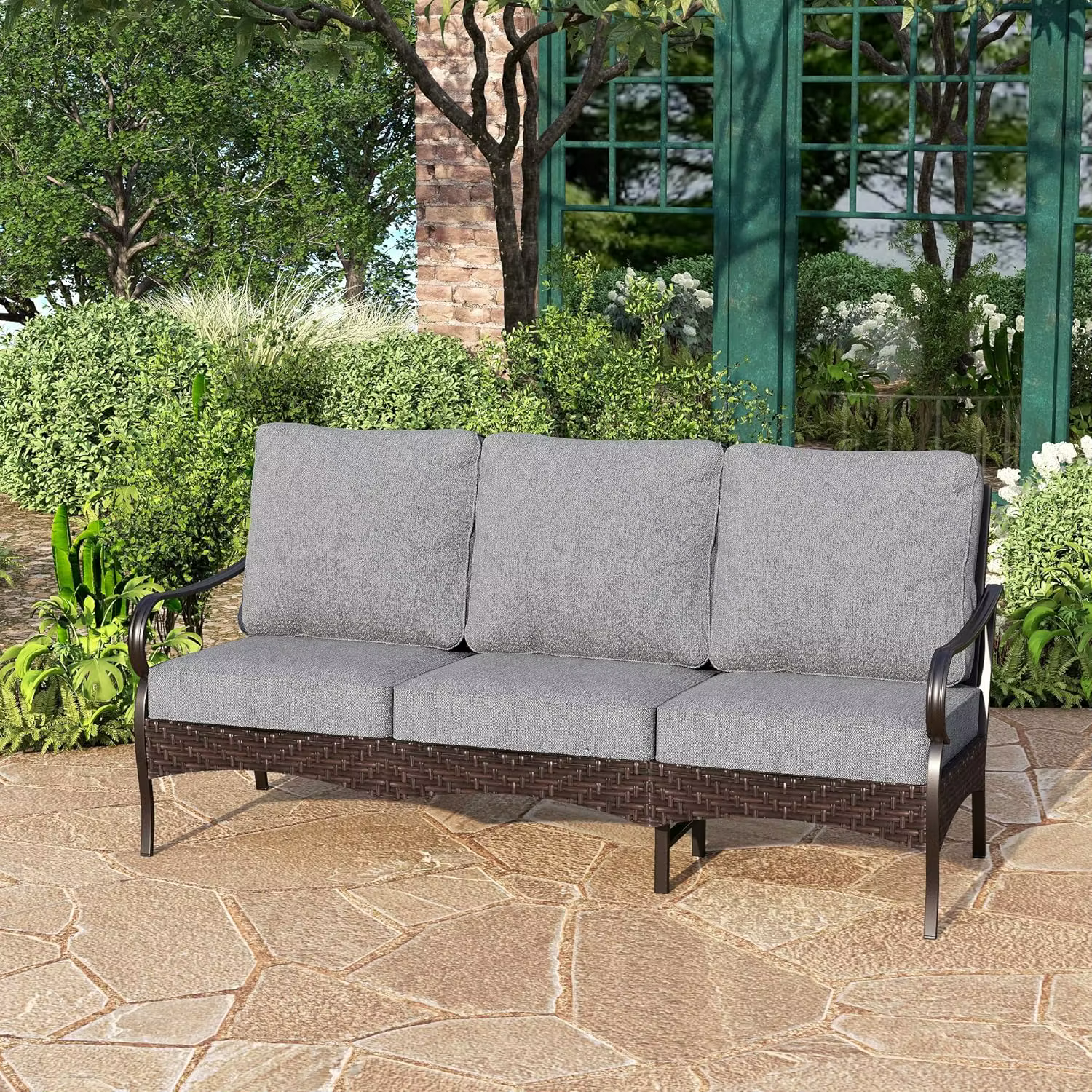 Wicker Metal Outdoor Patio Couch3Seat Patio Sofa with Deep Seating for Front Porch Deck Balcony Backyard SunroomGrey
