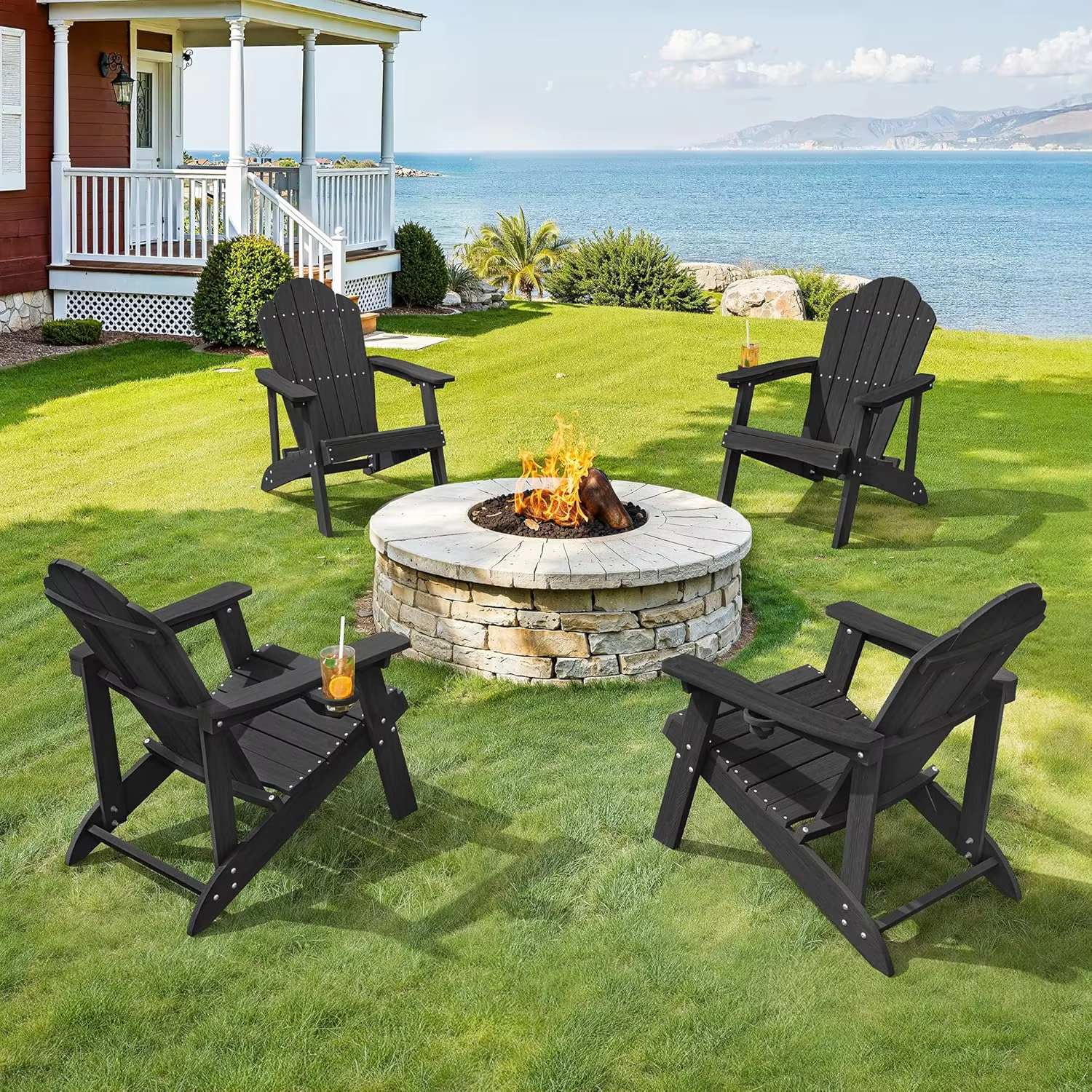 Adirondack Chairs Set of 4 - Weather Resistant Seating with Cup Holder for Patio,Fire Pit, Deck & Resort Garden,Outdoor Recliner