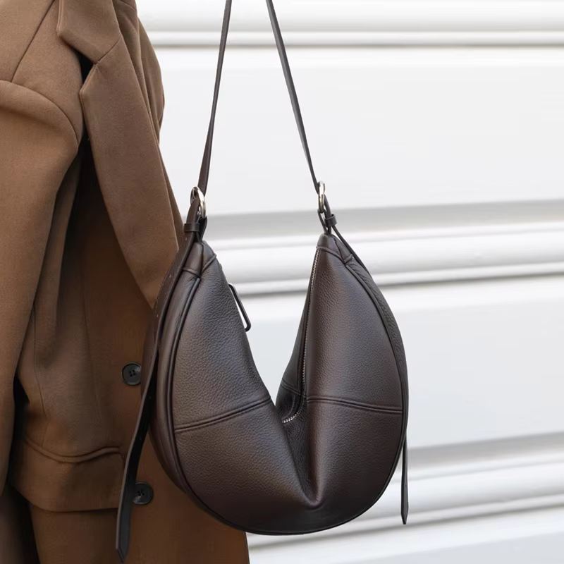 HIFASHION Slouchy Genuine Leather Half Moon Bags Women Large Capacity Underarm Shoulder Purses Daily Travel Crossbody Handbags