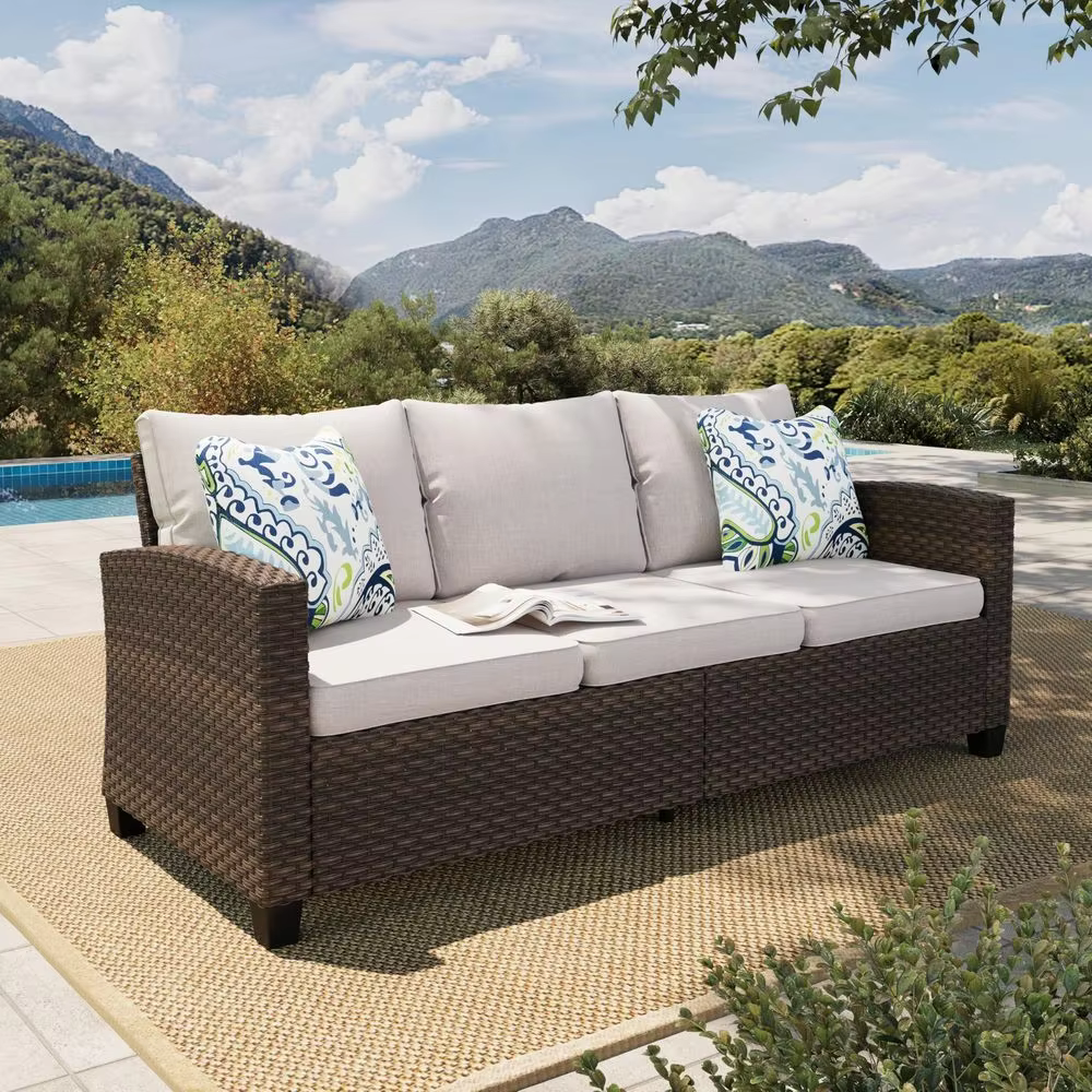 HOUSE Outdoor Patio Sofa, 3Seat Wicker Couch with Waterproof Thick Cushions, Deep Seating Furniture for Garden Porch Backyard,