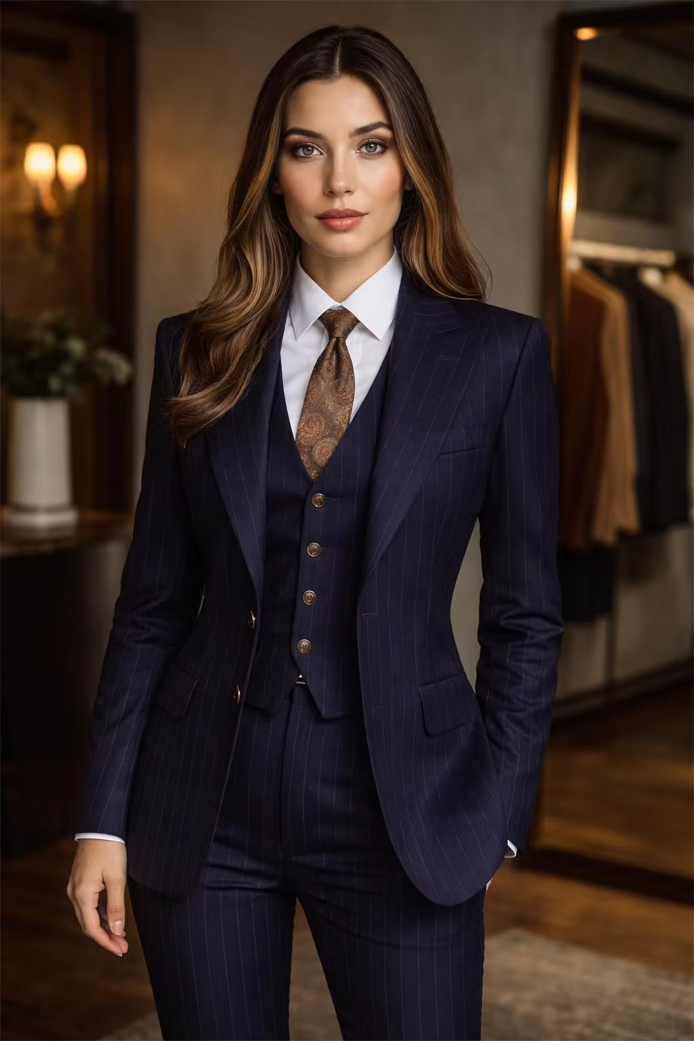 Terno feminino listrado azul marinho, 3 peças, para escritório, moda chique, terno listrado (jaqueta + colete + calças) feito sob medida