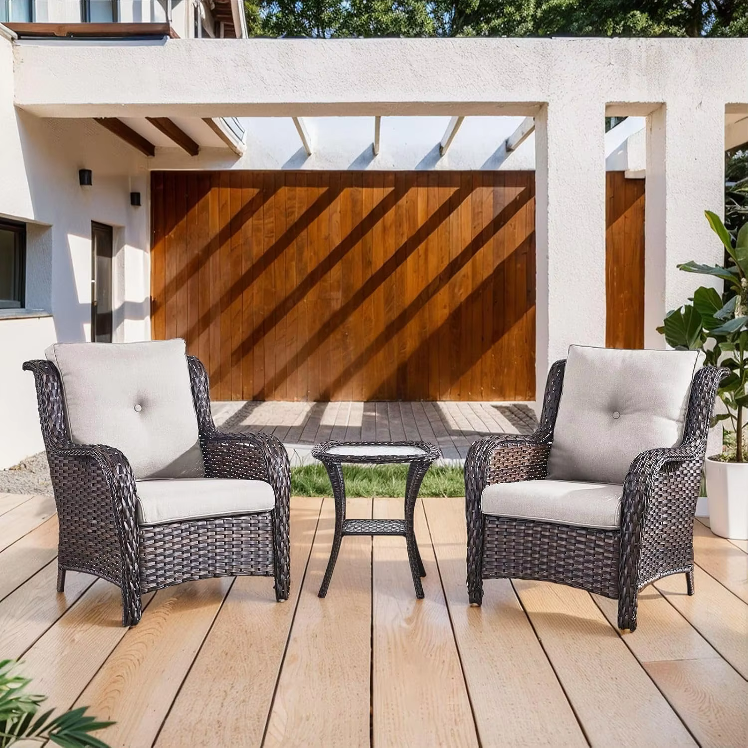 Outdoor Furniture Set Patio Wicker Chairs, 3 Peices Porch Rattan Furniture with Side Table, Deep Seating Patio, Customized