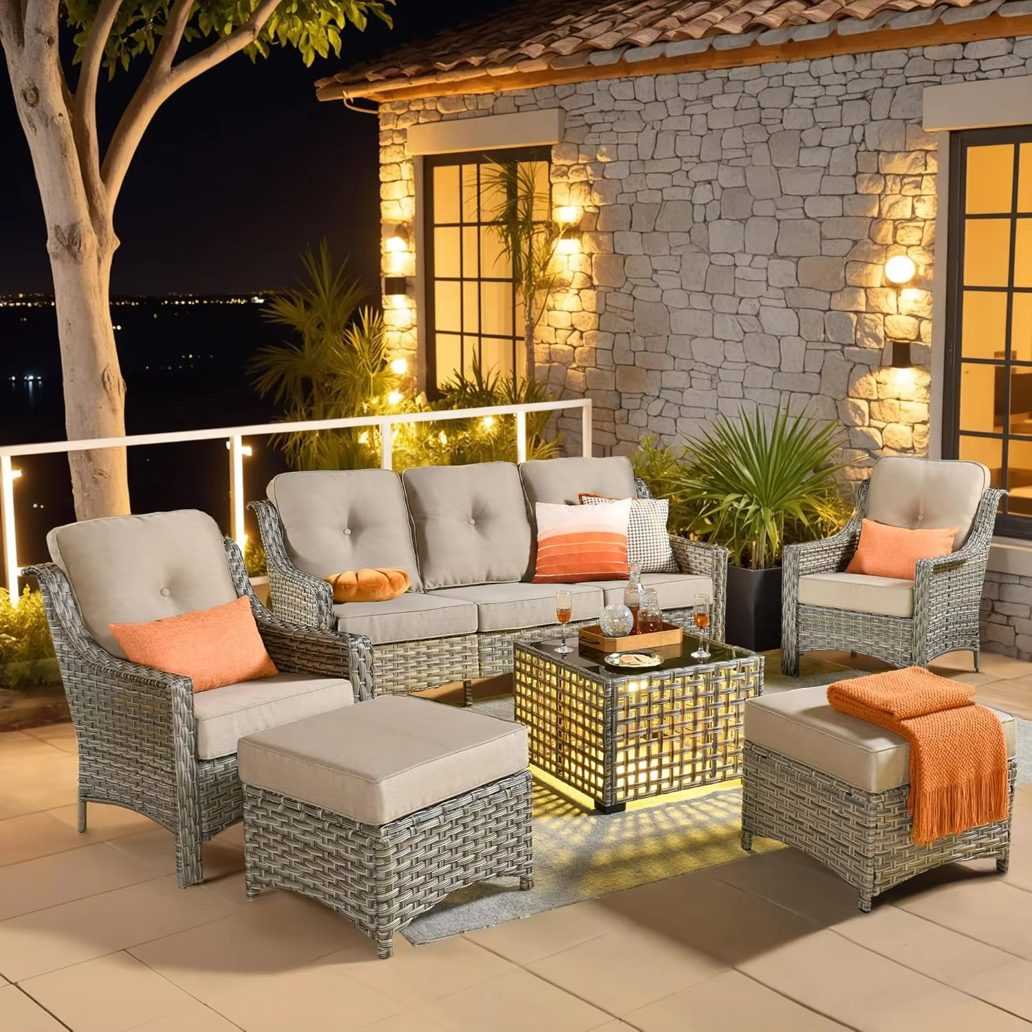6 Pieces Patio Outdoor Furniture Set,All Weather Wicker Rattan Patio Seating Sofa and Chair Set w/Ottoman and, Customized