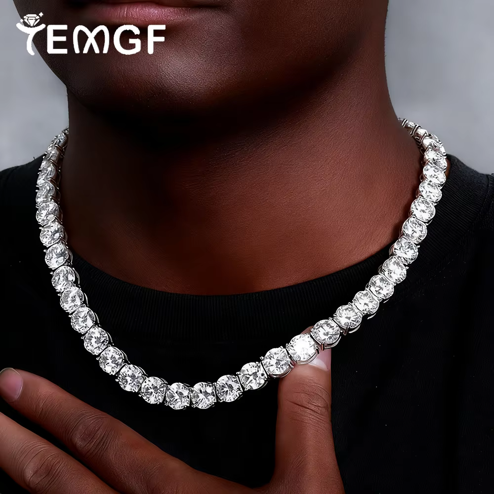 TEMGF Luxury Full 10mm Moissanite Necklace for Women Men Hip Hop Party Fashion Item 925 Silver Chain Wedding Neck Shiny Jewelry