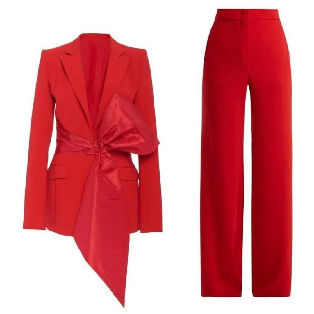 Novo conjunto de terno casual profissional vermelho de duas peças feminino com arco grande para casamento negócios trabalho escritório diário deslocamento blazer calças