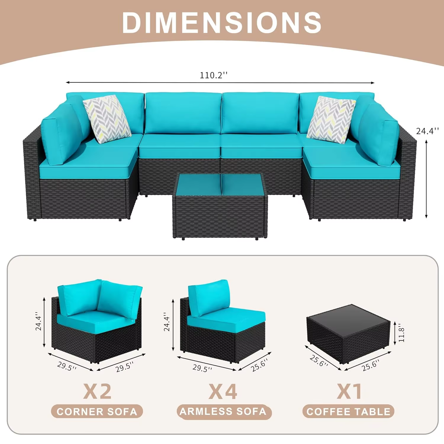 Customized Outdoor 7PCS PE Wicker Modular Sofa Suite Garden Leisure Seating With Plush Cushion And Glass Tea Table
