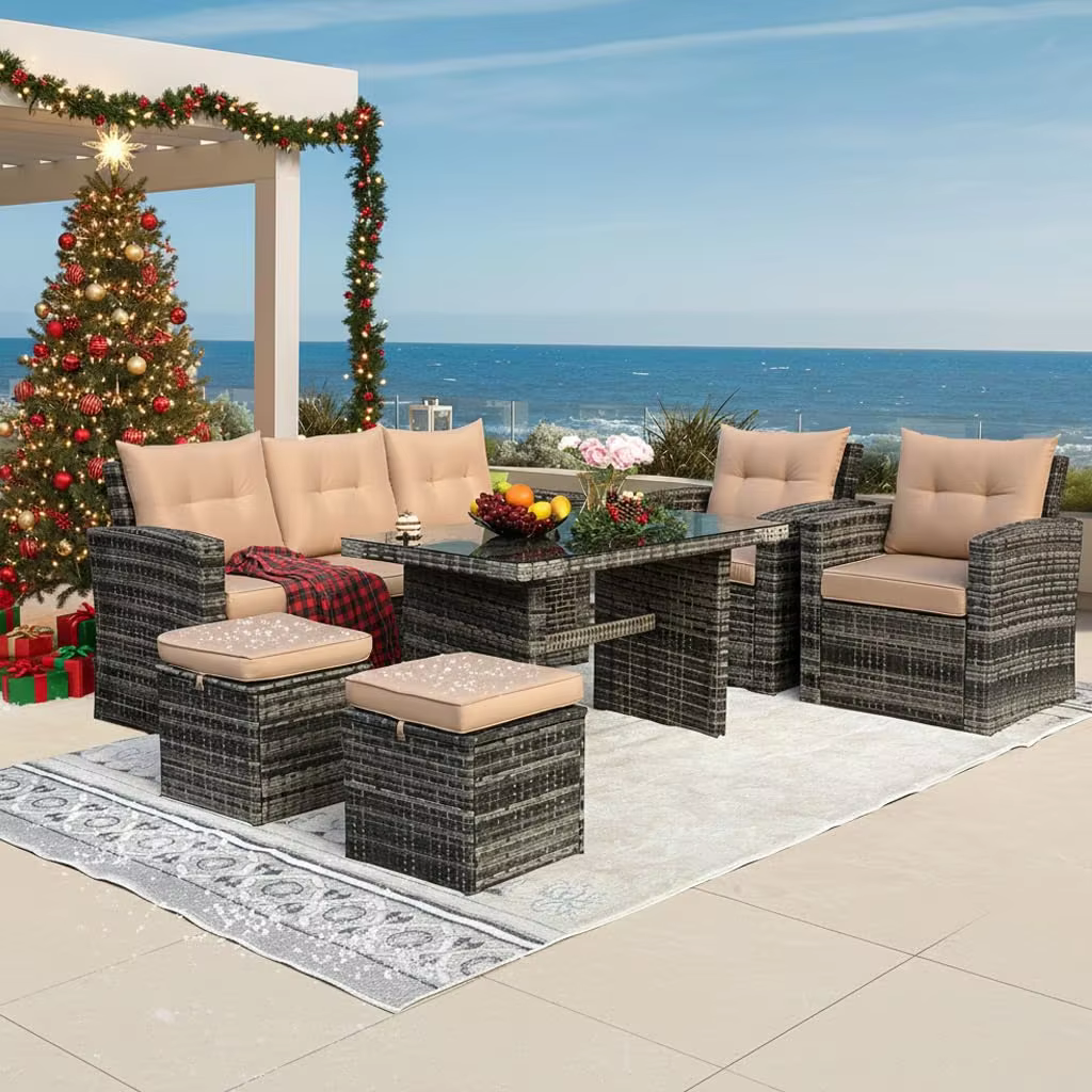 6 Pieces Patio Furniture Set - All-Weather Outdoor Wicker Sectional Conversation Sofa, Rattan Patio Seating Sofa, Customized