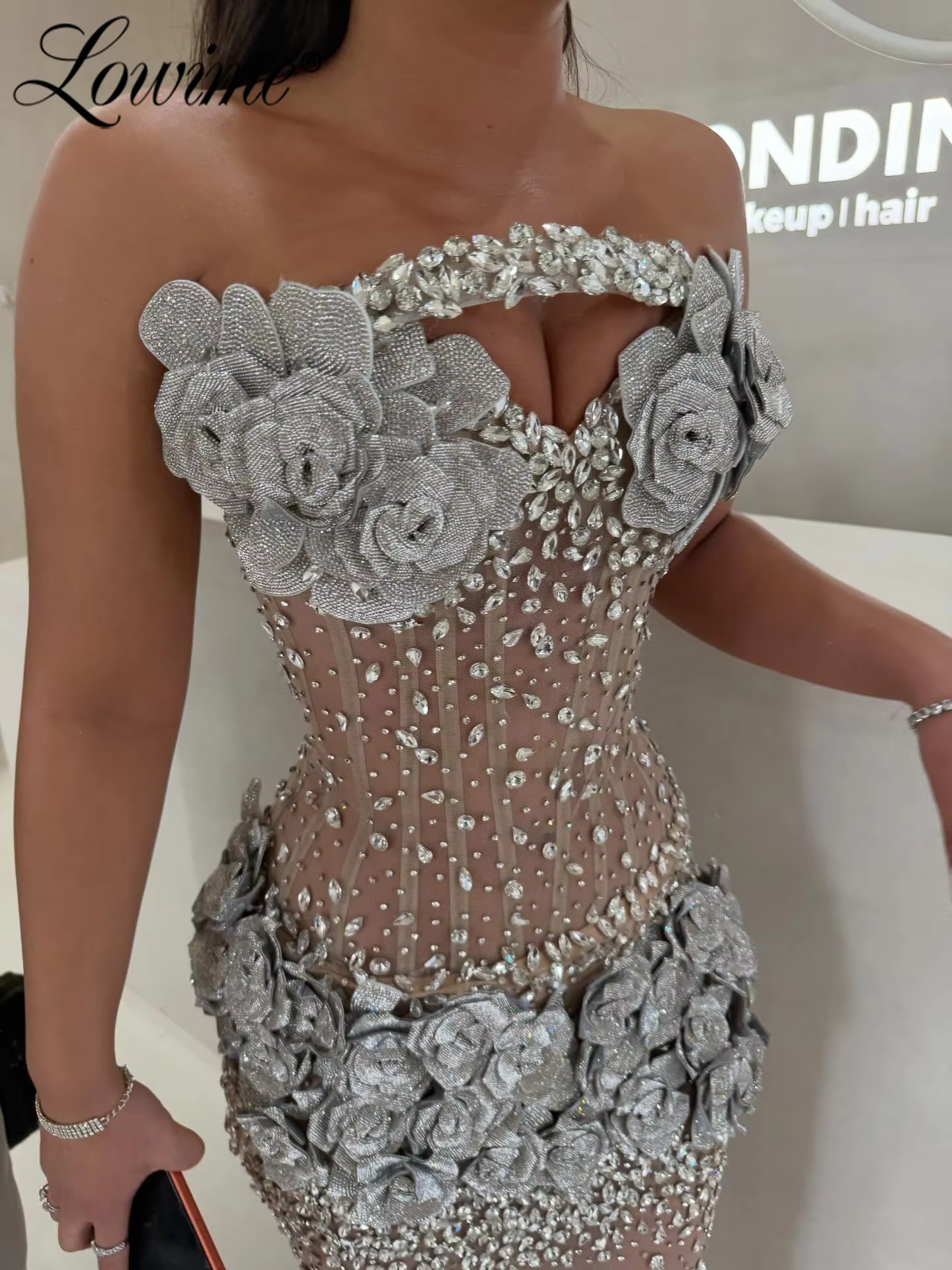 2026 Floral Silver Evening Dress Heavy Crystal High Side Slit Sexy Wedding Party Dress For Bride See Through Strapless Prom Gown