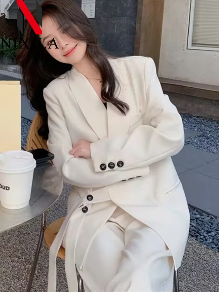 Conjuntos de Blazer e Calças Femininos para Primavera e Outono, Moda Casual para Escritório, Conjuntos de Casacos de Perna Larga, Conjuntos de Duas Peças para Mulheres