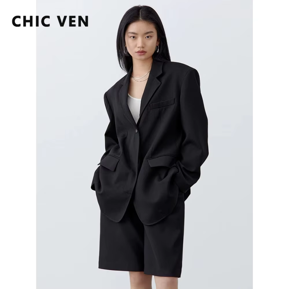Blazer Feminino de Lã CHIC VEN: Elegante, Solto, Casual, Abotoamento Simples, em Sarja - Jaqueta Social para Escritório, Primavera Verão 2026