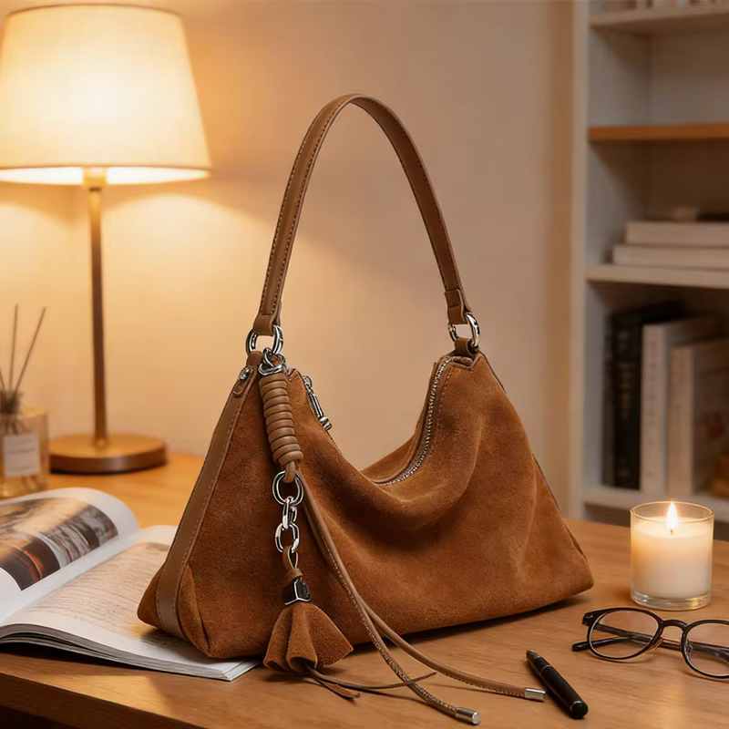 HIFASHION Trendy Suede Leather Hobo Underarm Bags For Women 2026 Winter Retro Crossbody Tassel Shopping Travel Daily Handbags