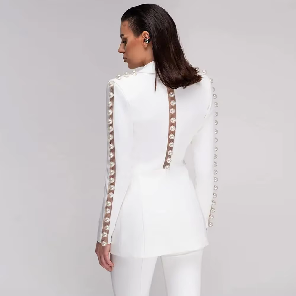 Conjunto de Blazer e Calça Feminino HIGH STREET 2026 Mais Recente, com Pérolas e Renda, Ajuste Slim, Estilo Designer de Passarela
