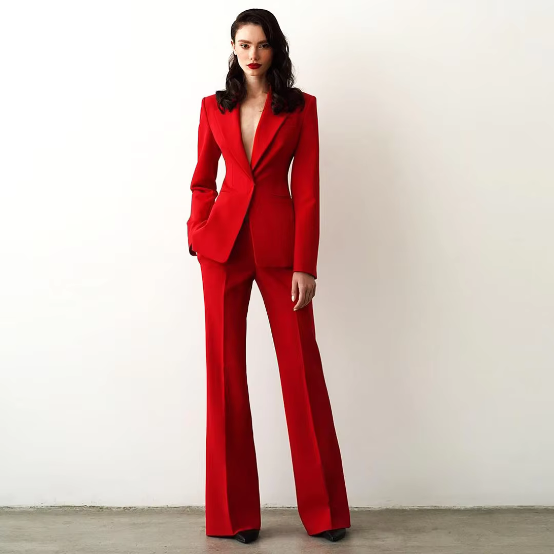 Terno feminino 2 peças vermelho único botão sólido fino para casamento negócios trabalho escritório diário deslocamento casual conjunto blazer e calças