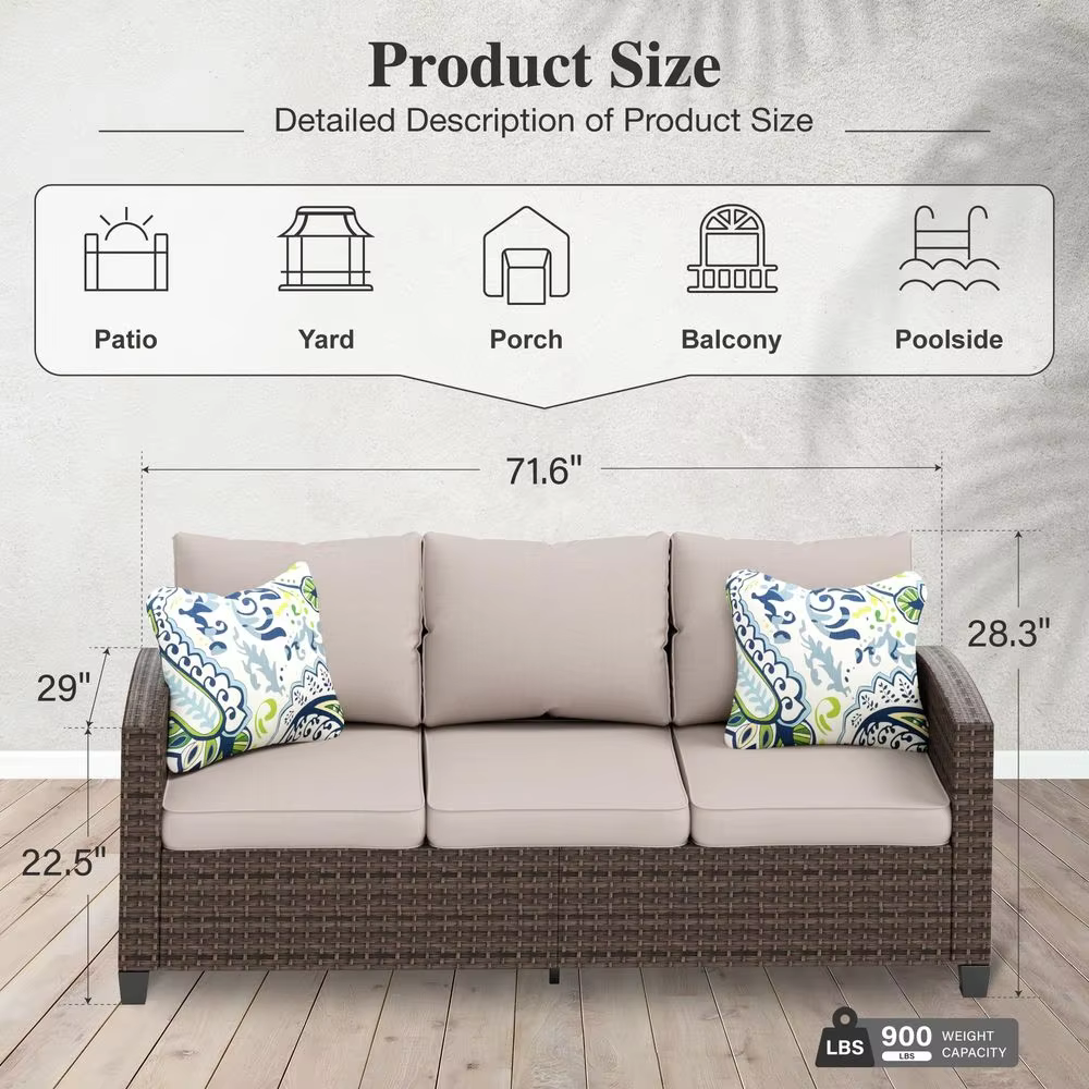 HOUSE Outdoor Patio Sofa, 3Seat Wicker Couch with Waterproof Thick Cushions, Deep Seating Furniture for Garden Porch Backya -HOT