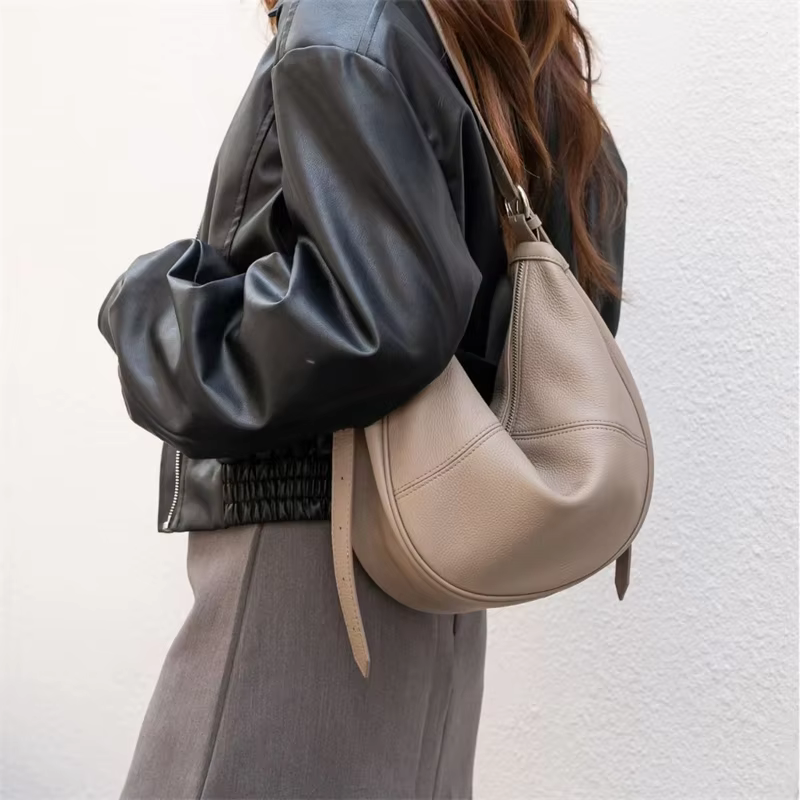 BURMINSA Luxury Genuine Leather Soft Hobo Bags For Women 2026 Cowhide Shoulder Crossbody Purses Work Crescent Ladies Handbags