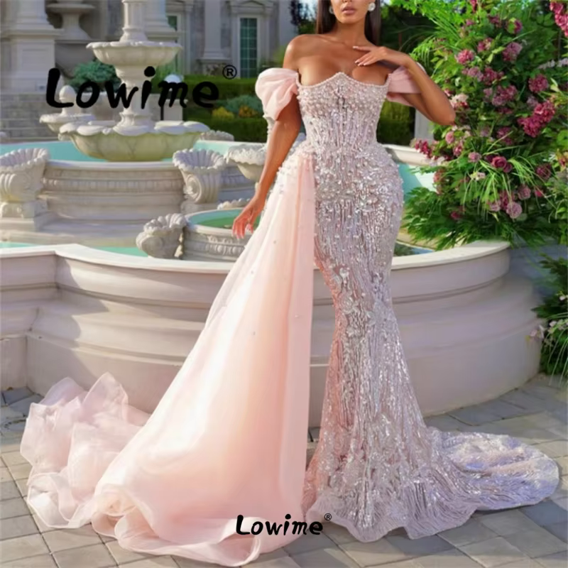 Rosa aso ebi Kristalle Meerjungfrau Ballkleid Pailletten mit langen Seite Zug Geburtstag Verlobung kleider Robe de Soiree Abendkleider