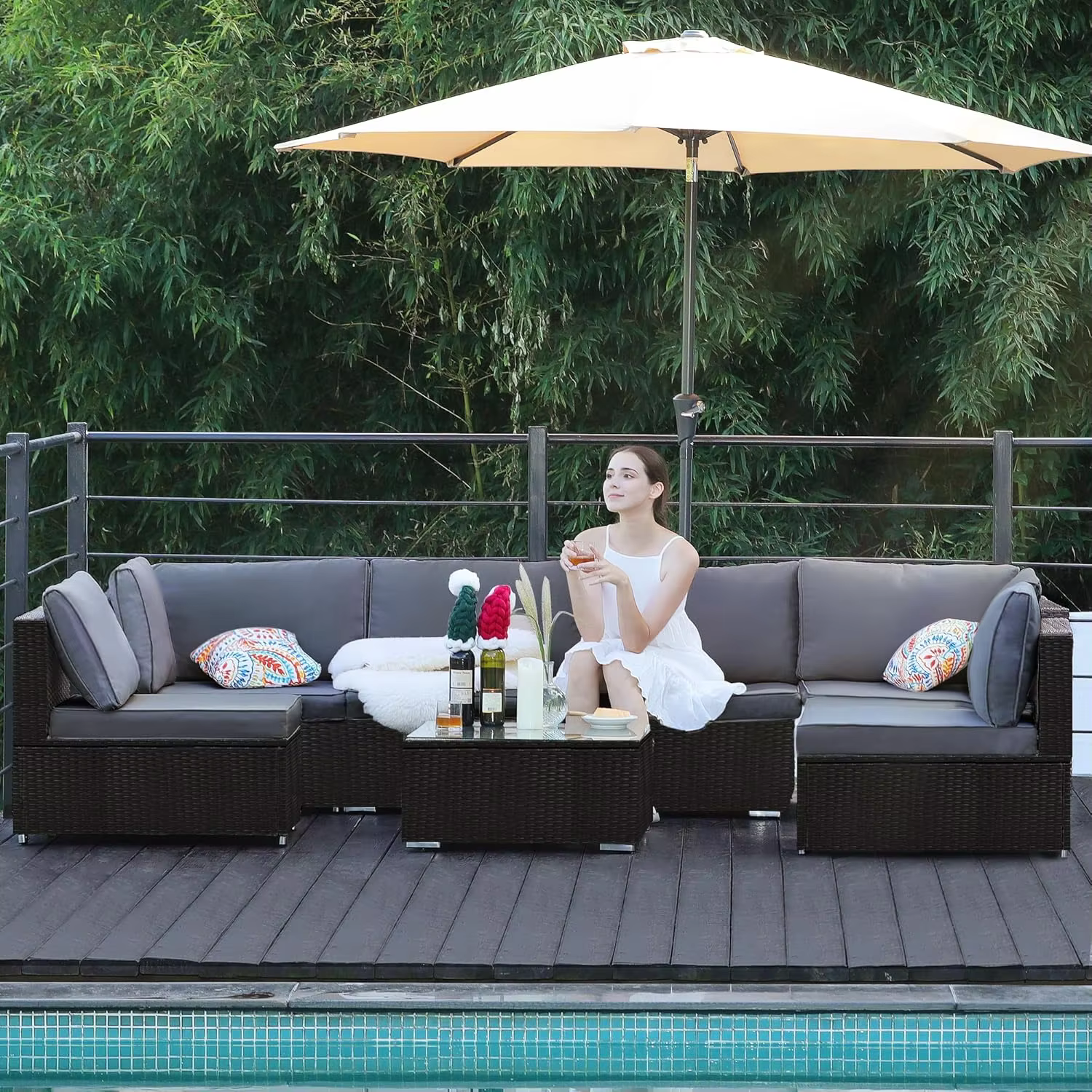 7 Pieces Patio Furniture Set - All-Weather Outdoor Rattan Sectional Conversation Sofa, Wicker Patio Seating Sofa Set, Custom