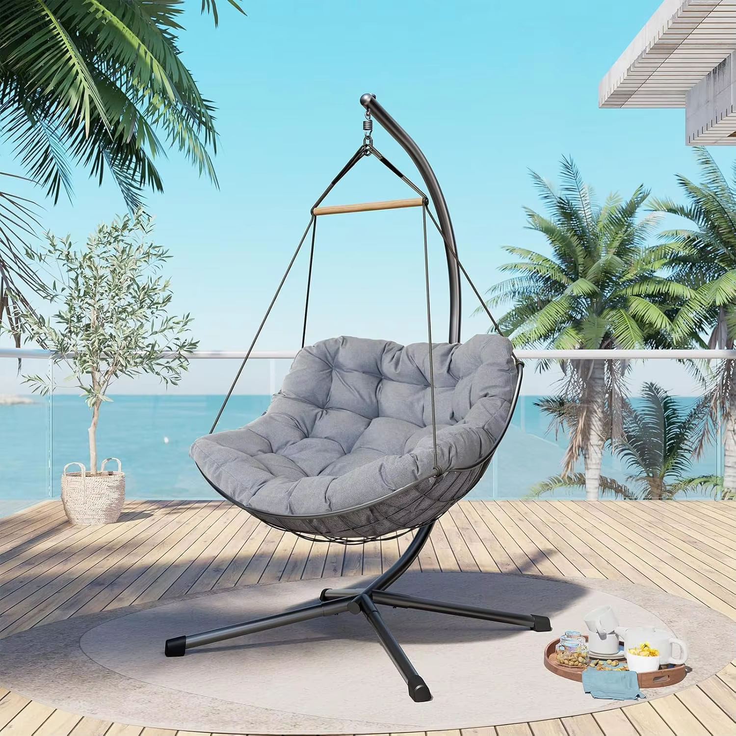 Outdoor Chair with Stand, Swing Chair with Cushion, E-Coated Hanging Chair for Bedroom Garden and Backyard