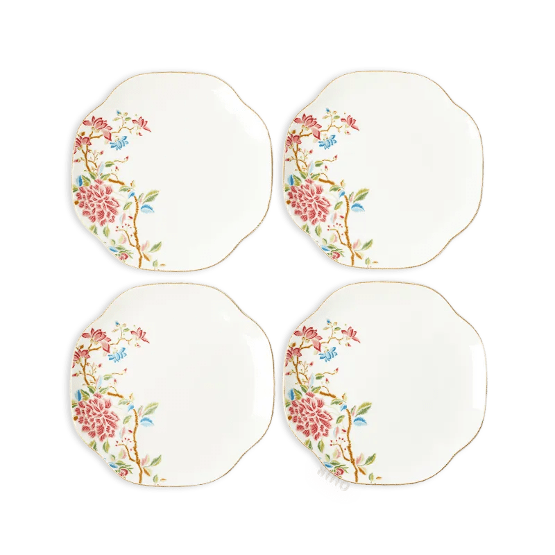 4 Pieces 8’’ Chinoiserie Bone China Square Dinner Plate – Floral Design