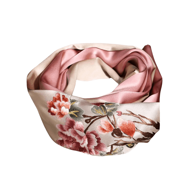 100% Mulberry Silk Long Scarf Handcrafted Floral Embroidery Art 155x35 cm