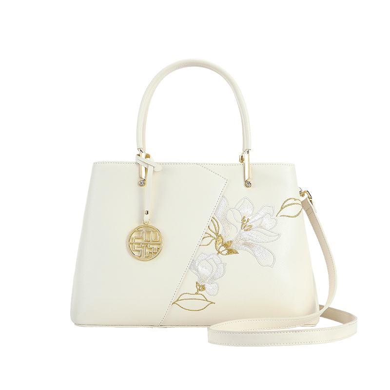 Luxury White Magnolia Embroidered Leather Handbag with Silk Scarf