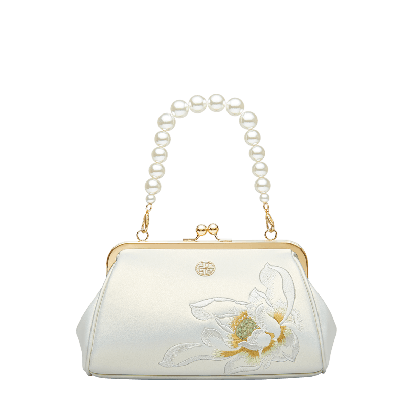 Leather Kiss Lock Clutch Bag Lotus Embroidery with Pearl Handle