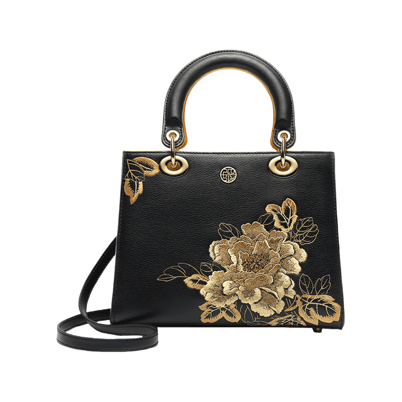 Luxury Black & Gold Peony Leather Embroidery Statement Bag