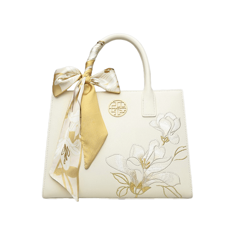Embroidery Leather White Work Handbag Orchid with Scarf