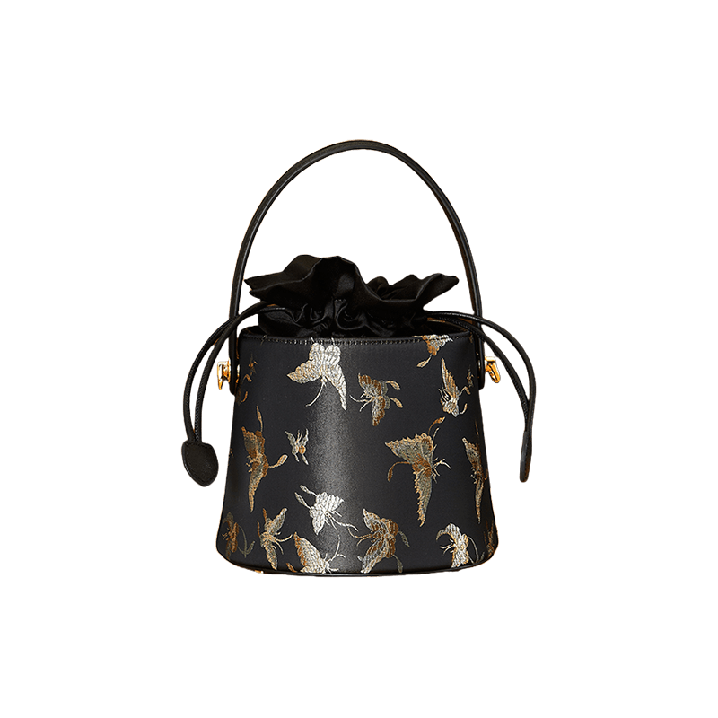 Brocade Black Bucket Bag Designer Butterfly Handbag