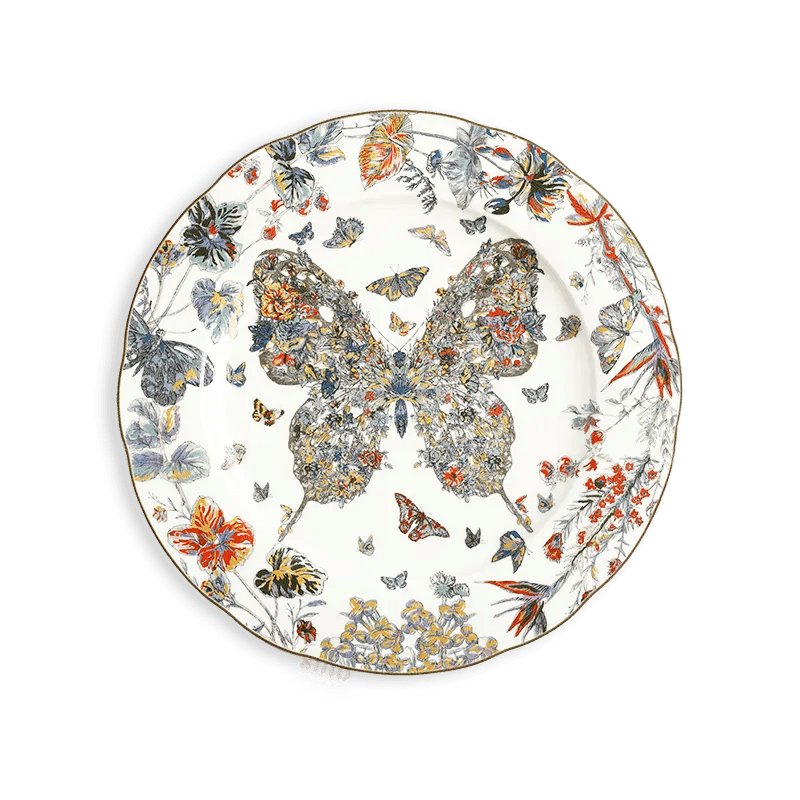 10.5’’ Chinoiserie Luxury Bone China Scalloped Dinner Plate – Butterfly & Floral Design