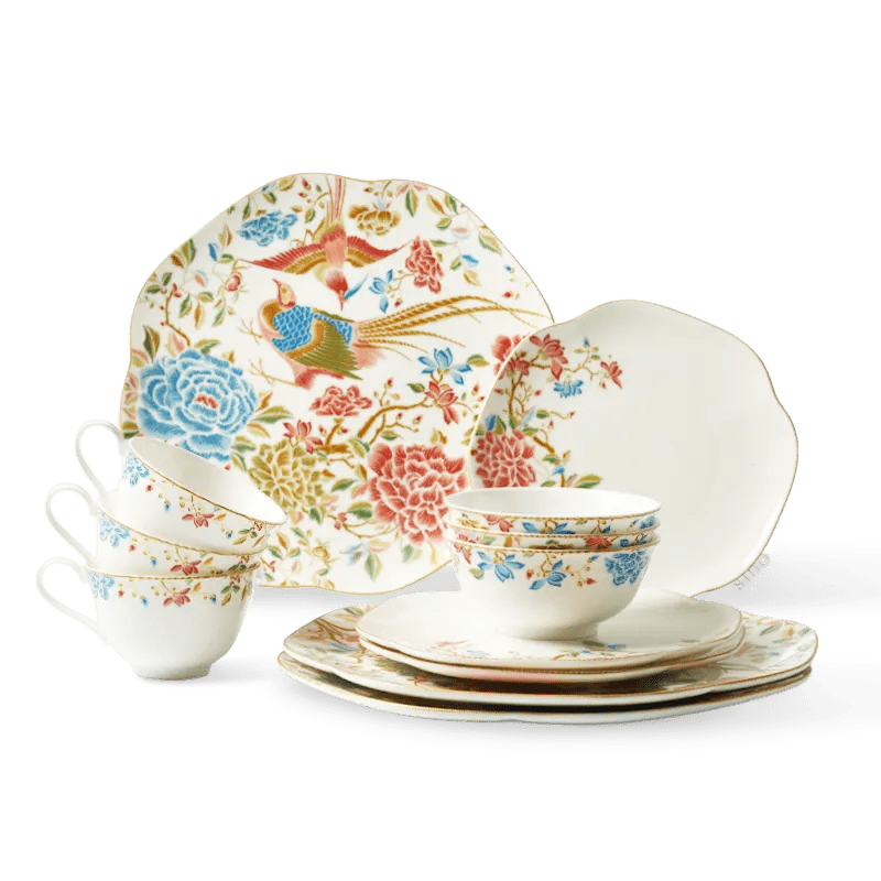 12 Pieces Chinoiserie Bone China Square Plate Set-Floral & Bird Design