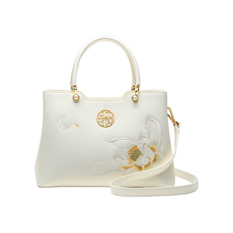 Designer Luxury Lotus Embroidered Leather White Tote Bag