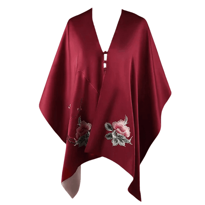 Embroidery Luxurious 16 Momme Silk Satin Red Shawl 185x45cm