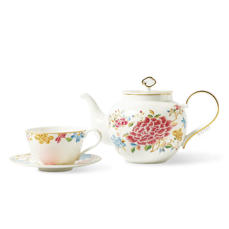 3 Piece Chinoiserie Bone China Tea Set – Teapot, Cup & Saucer – Floral Design