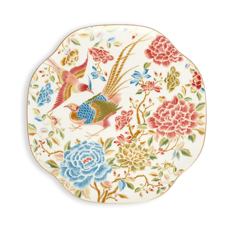 11’’ Chinoiserie Bone China Square Dinner Plate – Floral & Bird Design