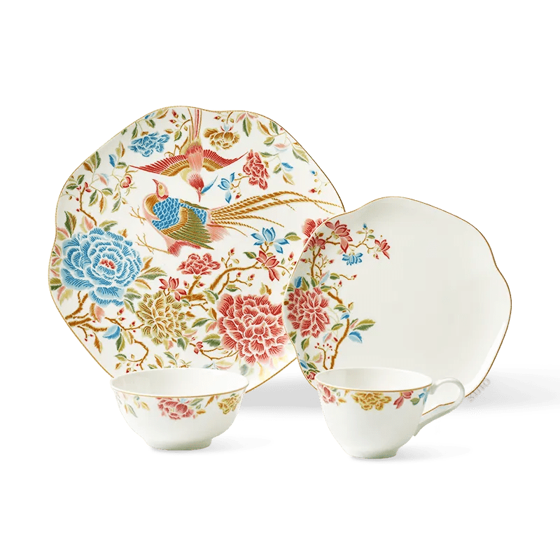 4 Pieces Chinoiserie Bone China Square Plate Set-Floral & Bird Design