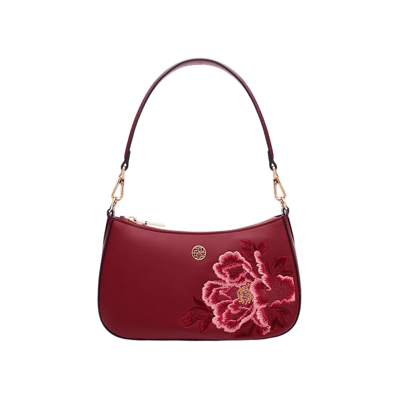 Embroidered Leather Red Shoulder Bag Peony Women's Hobo Handbag